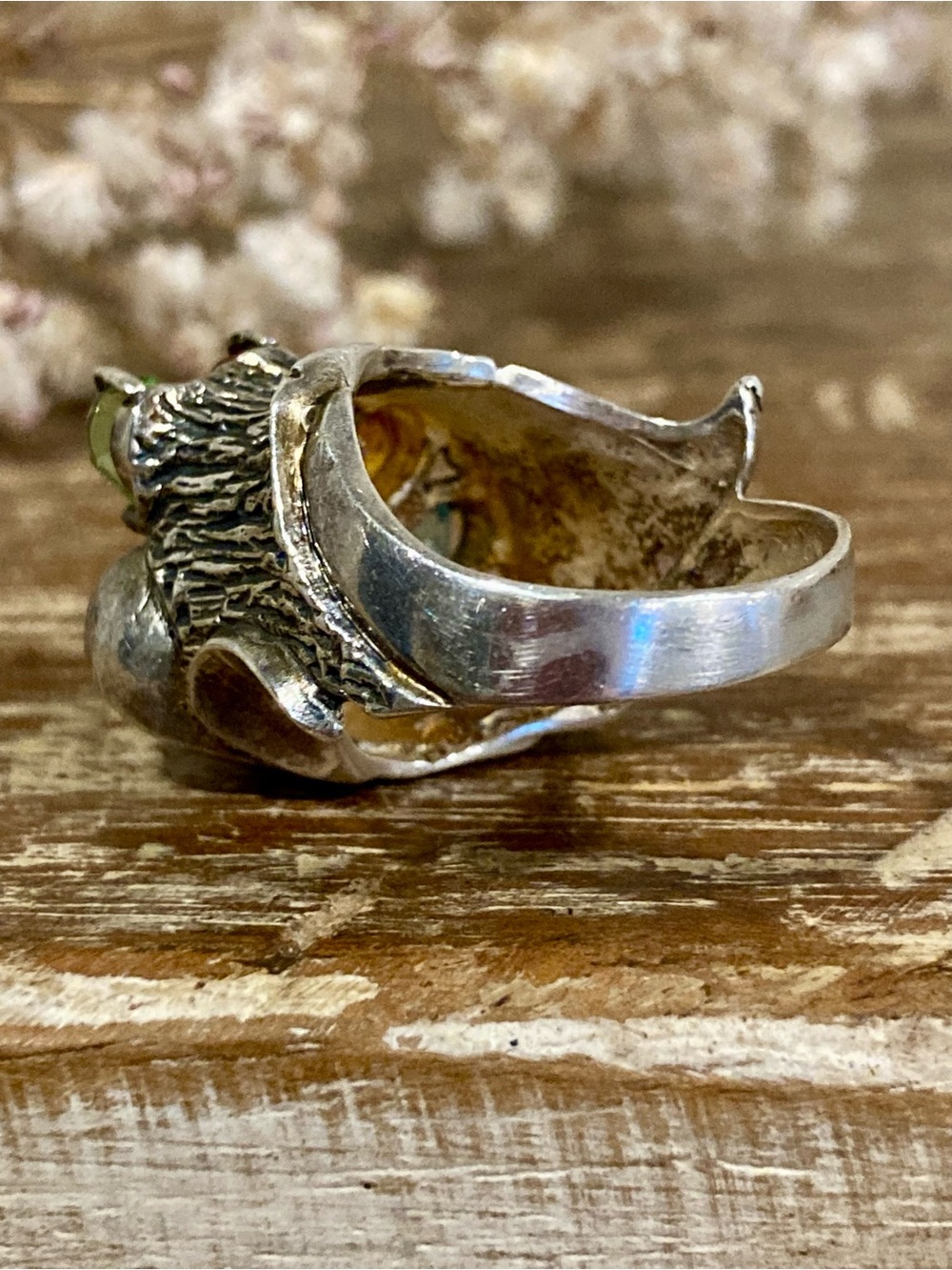 Rainbow Teardrop Gemstone Statement Ring Tree Bark Texture Silver Tone Size 8 - Picture 5 of 13